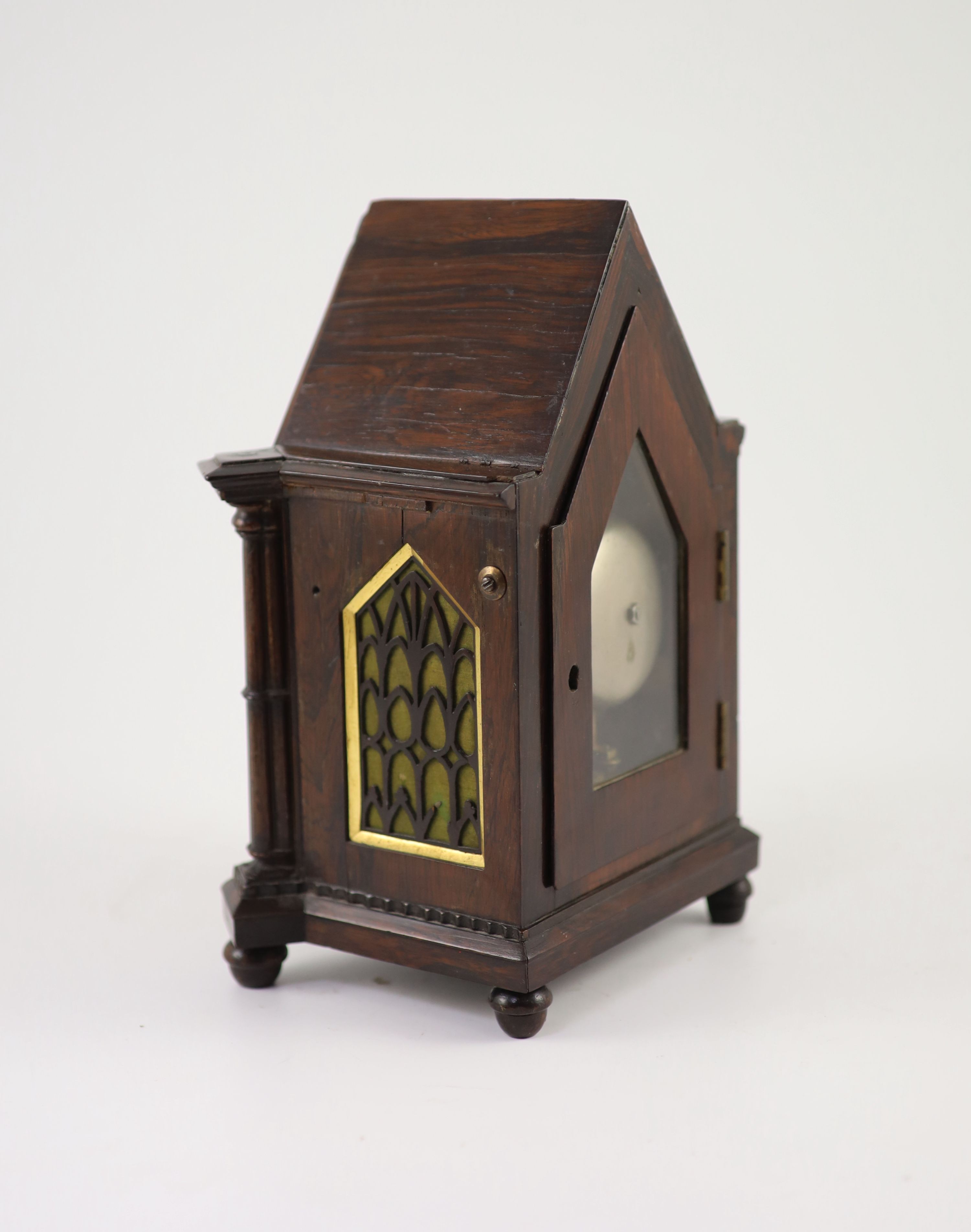 An early Victorian gothic revival rosewood mantle clock, width 18cm depth 13cm height 25cm